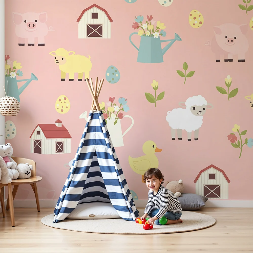 Nursery room wallpaper | Farm animals and flowers on pink background