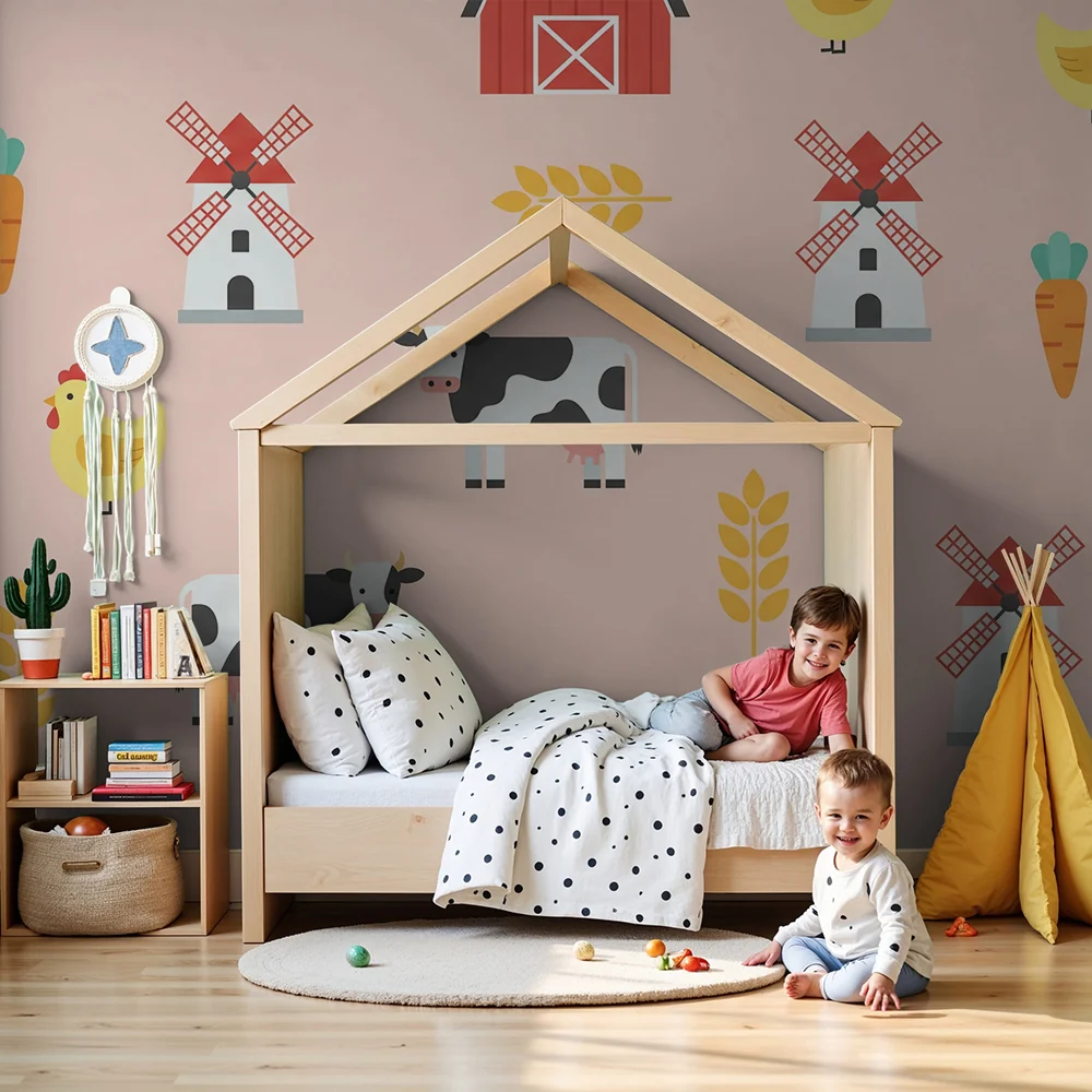 Nursery room wallpaper | Farm animals and windmills on pink background