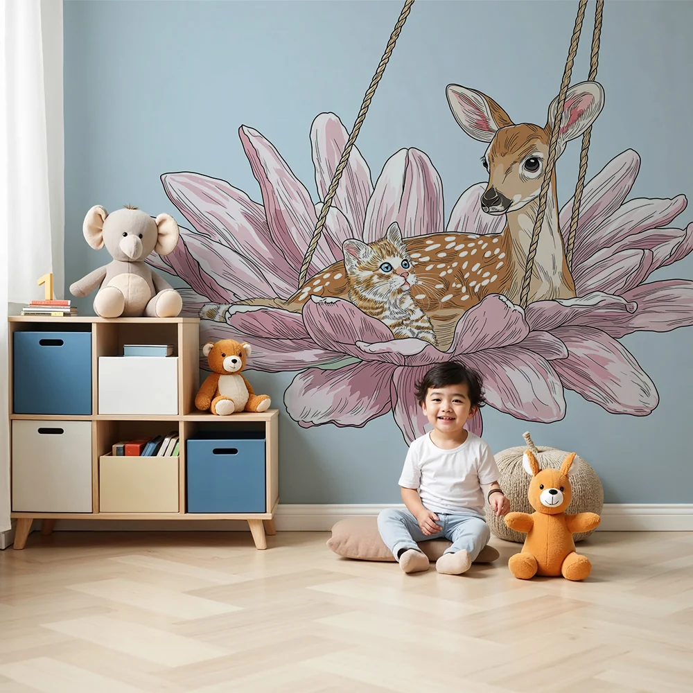 Nursery room wallpaper | Fawn and kitten resting on delicate flower
