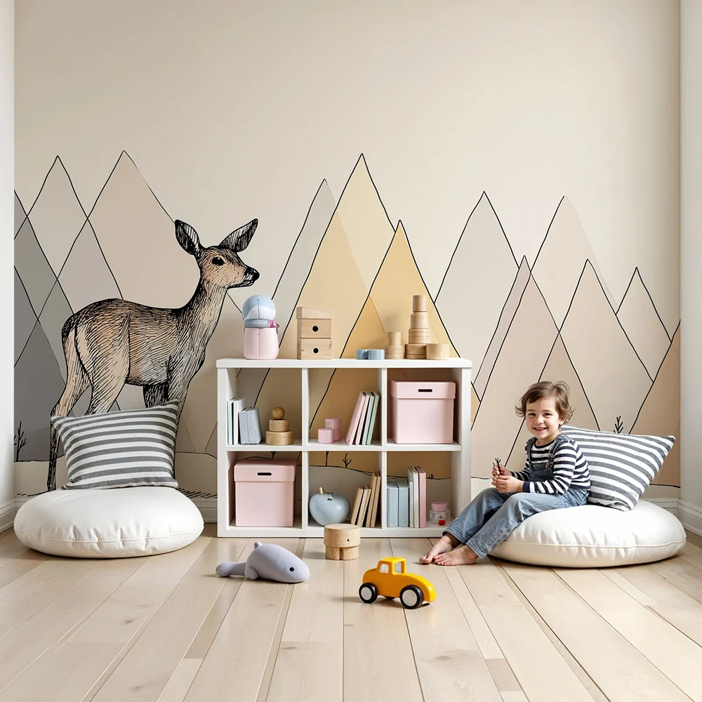 Nursery room wallpaper | Fawn and pastel mountains soft atmosphere