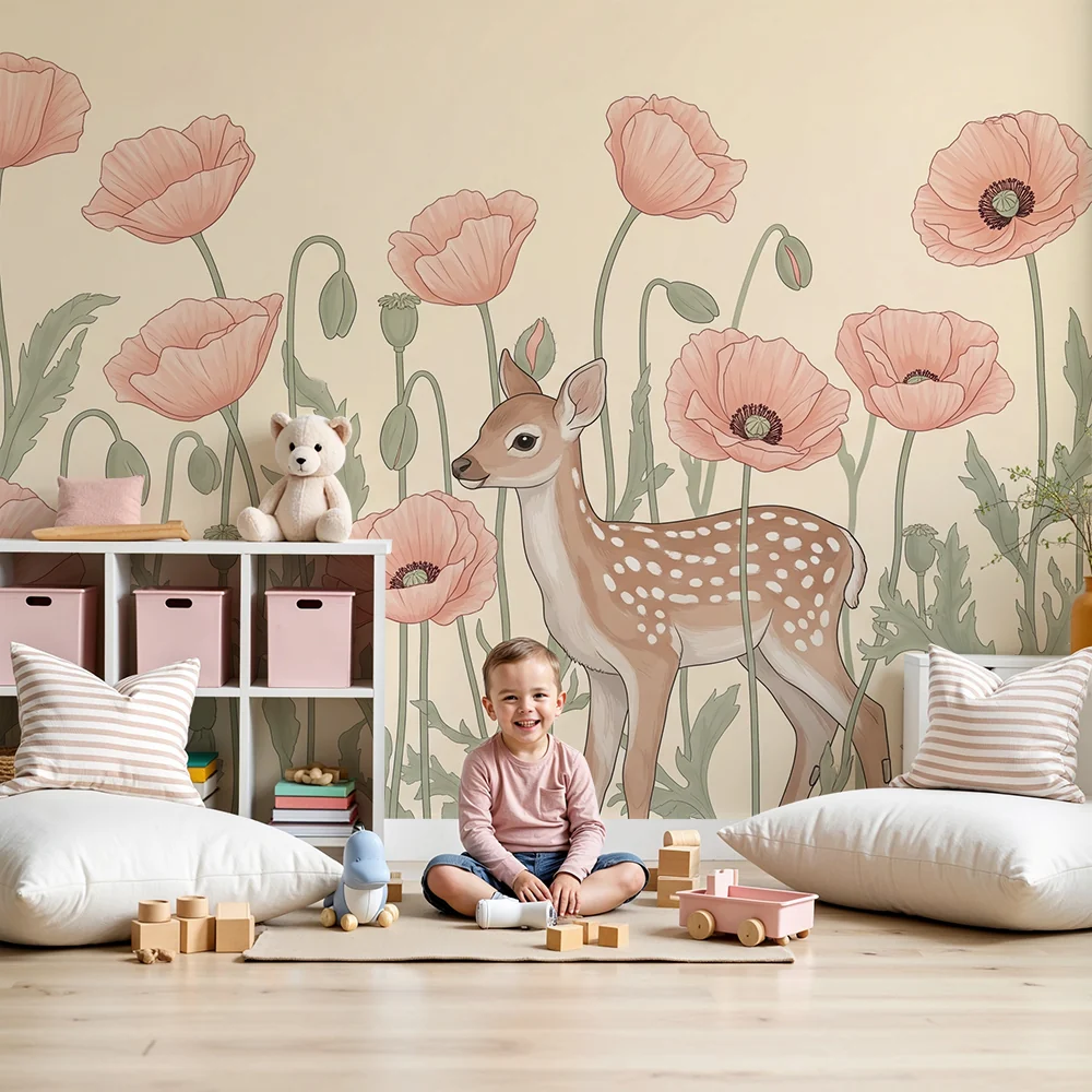 Nursery room wallpaper | Fawn and poppies bloom