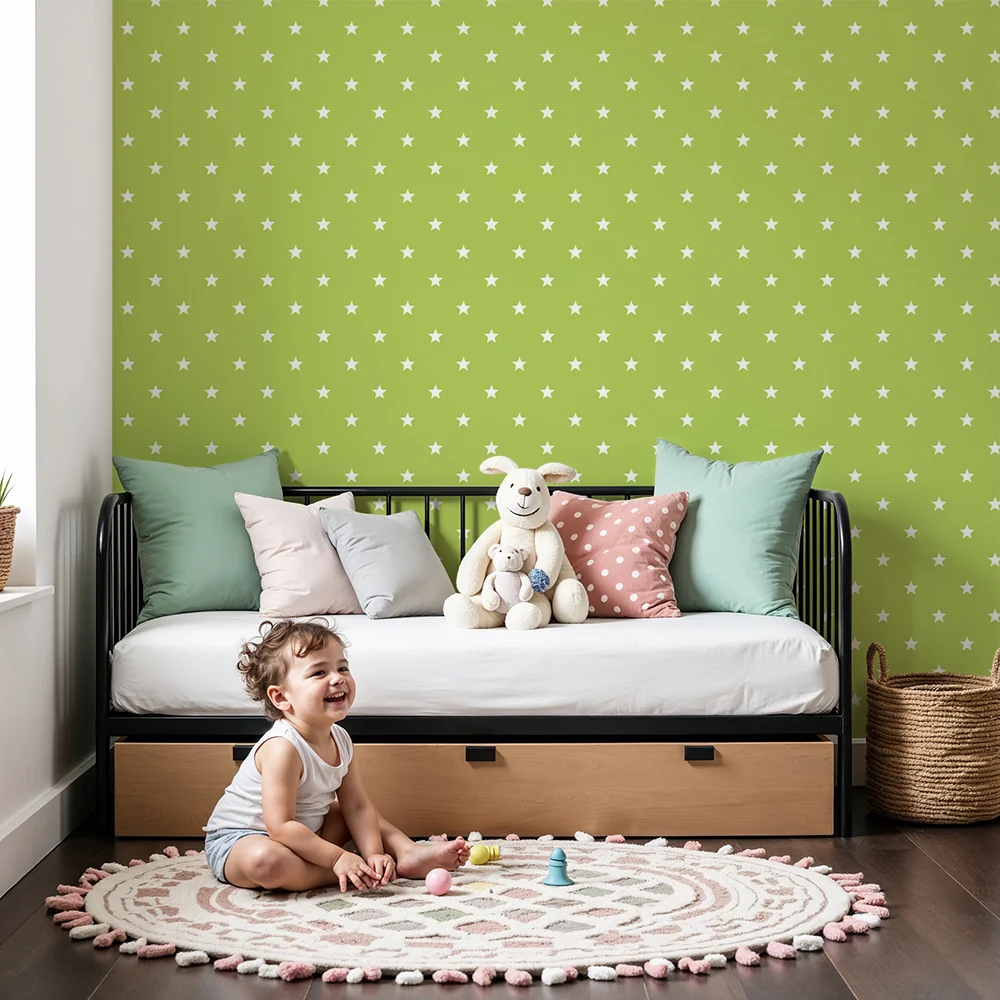 Nursery room wallpaper | Fehér csillagok fényes zöld háttéren