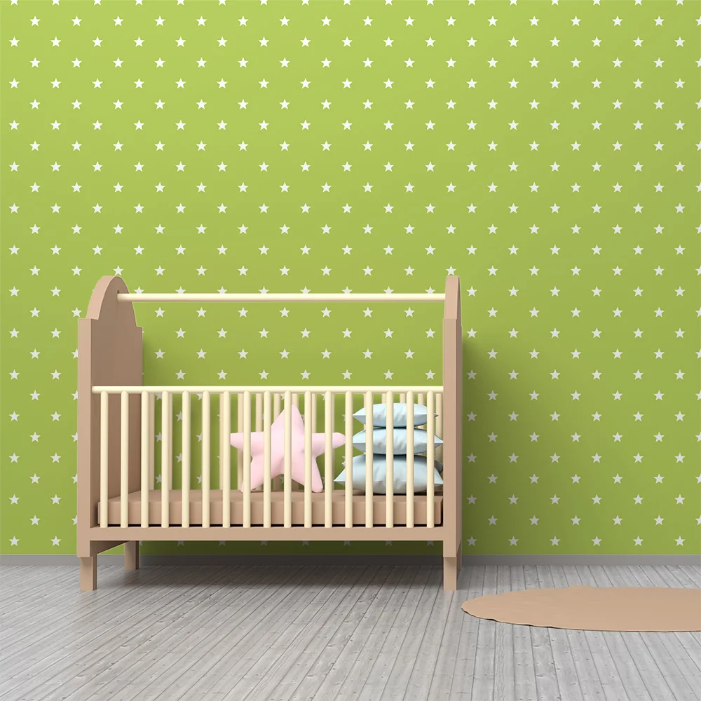 Nursery room wallpaper | Fehér csillagok fényes zöld háttéren