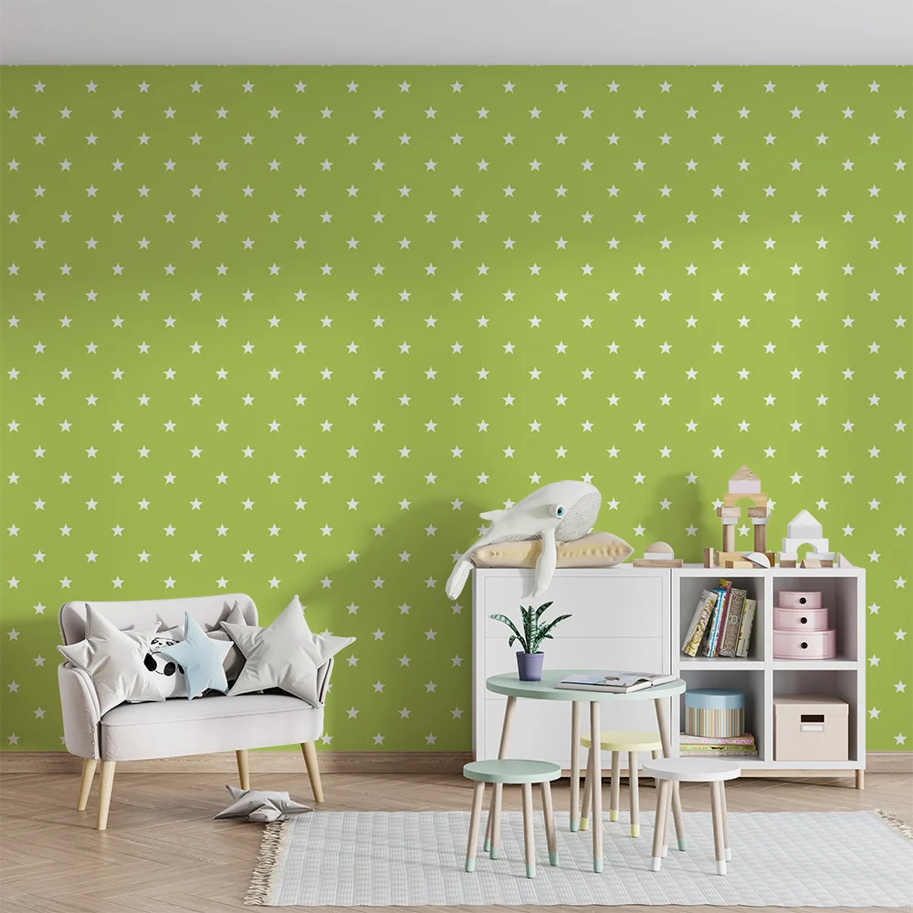 Nursery room wallpaper | Fehér csillagok fényes zöld háttéren