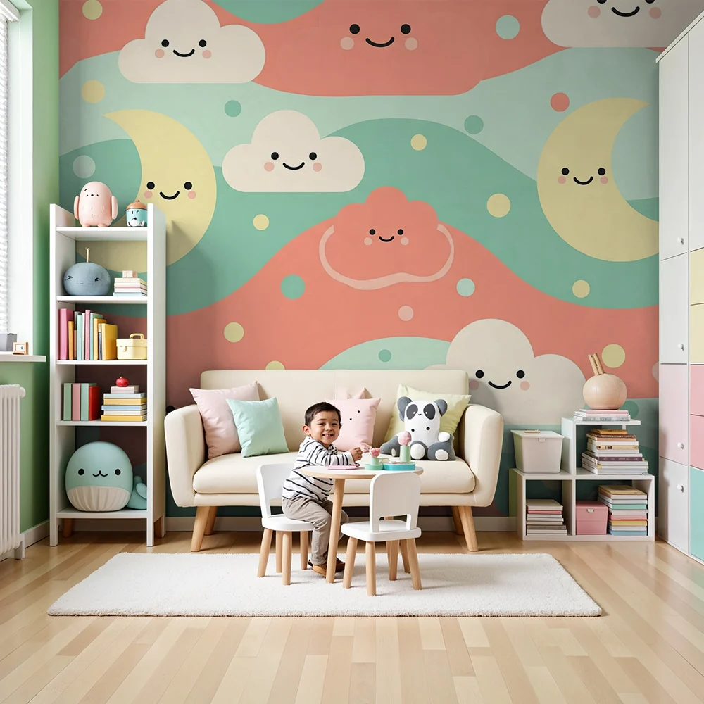 Nursery room wallpaper | Felhők, csillagok és mosolygó hold pasztell színekben