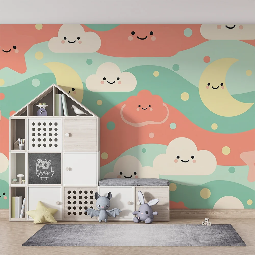 Nursery room wallpaper | Felhők, csillagok és mosolygó hold pasztell színekben