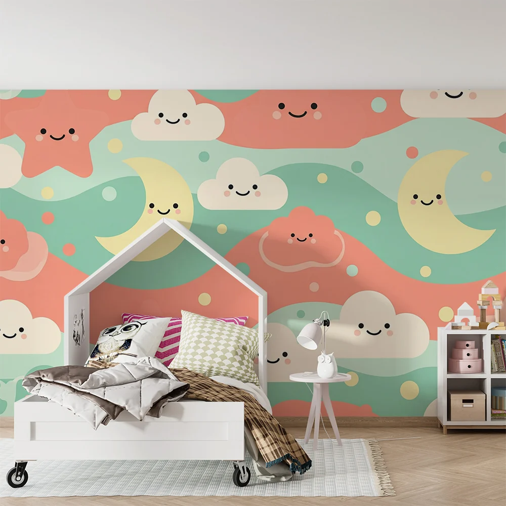 Nursery room wallpaper | Felhők, csillagok és mosolygó hold pasztell színekben