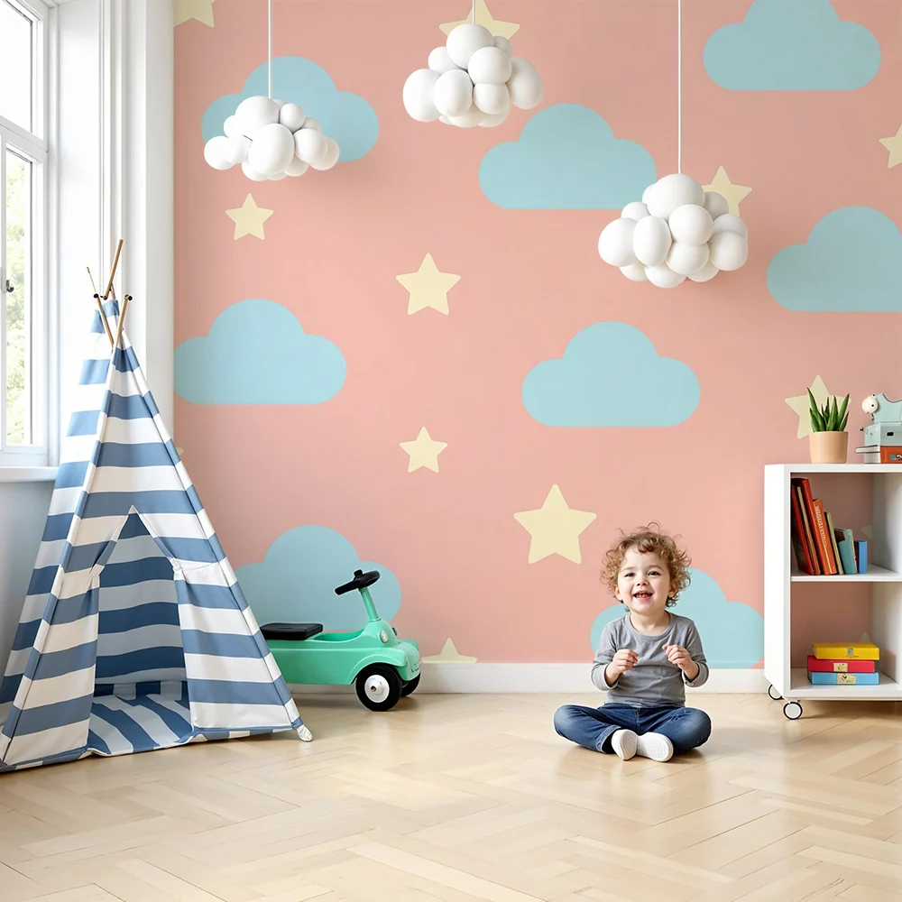 Nursery room wallpaper | Kék felhők és csillagok rózsaszín háttéren
