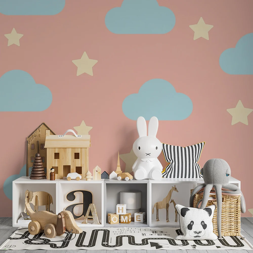 Nursery room wallpaper | Kék felhők és csillagok rózsaszín háttéren