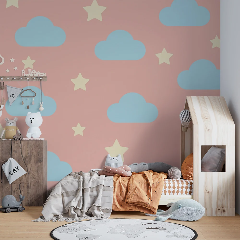 Nursery room wallpaper | Kék felhők és csillagok rózsaszín háttéren