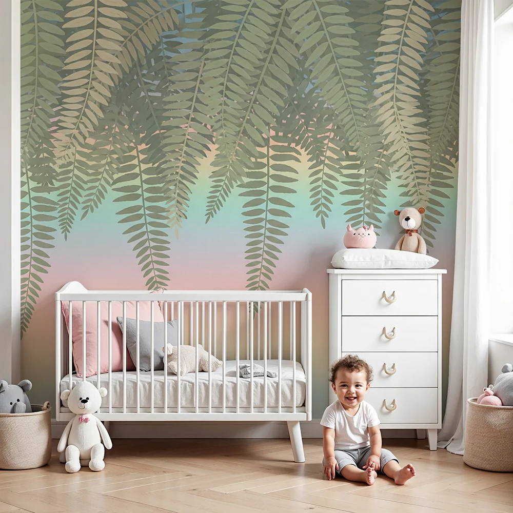 Nursery room wallpaper | Fern leaves and pastel gradient