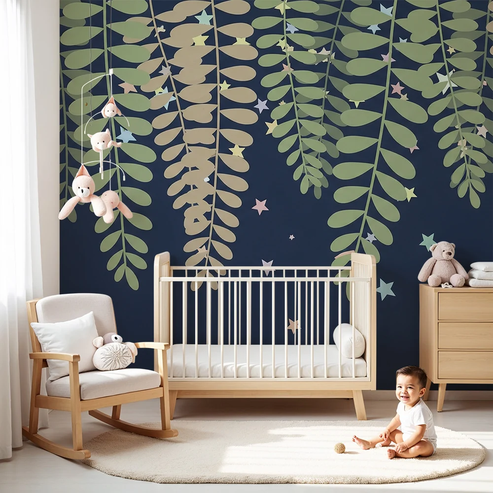 Nursery room wallpaper | Függő levelek és színes csillagok