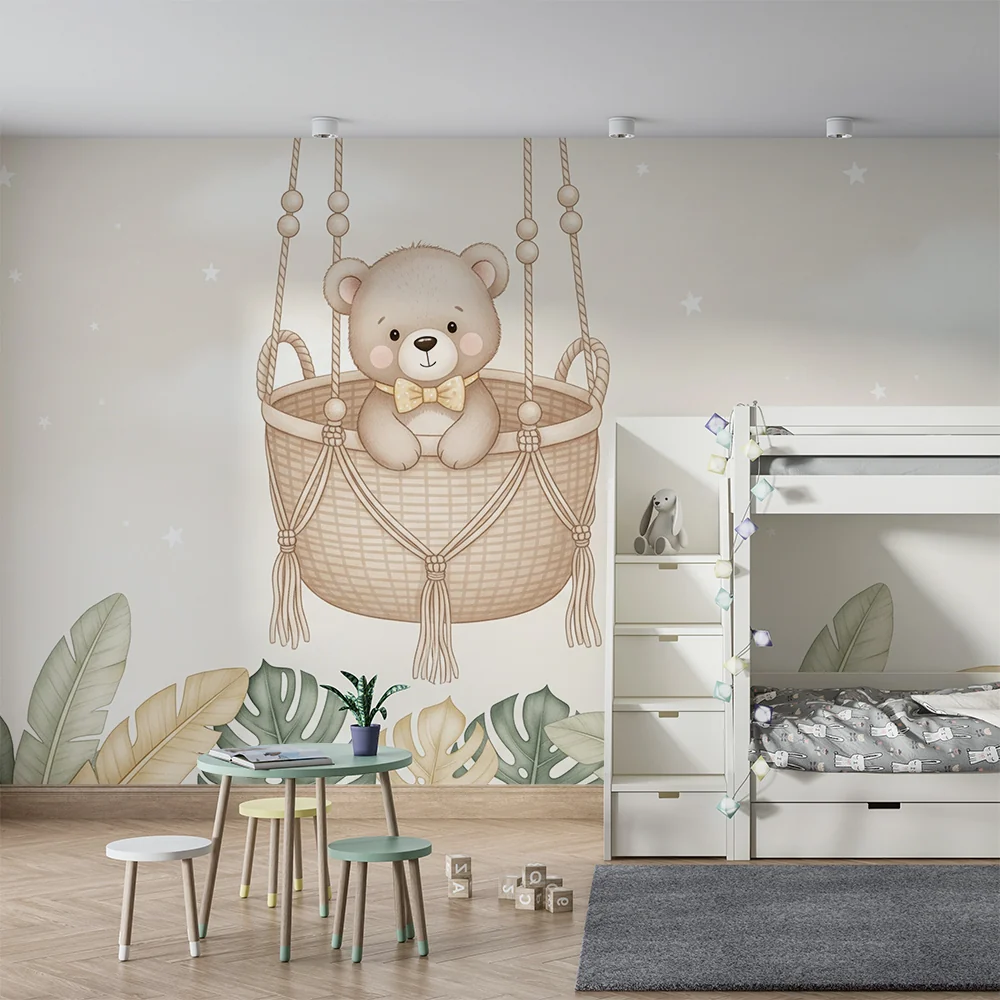 Nursery room wallpaper | Függő medve és puha lombozat