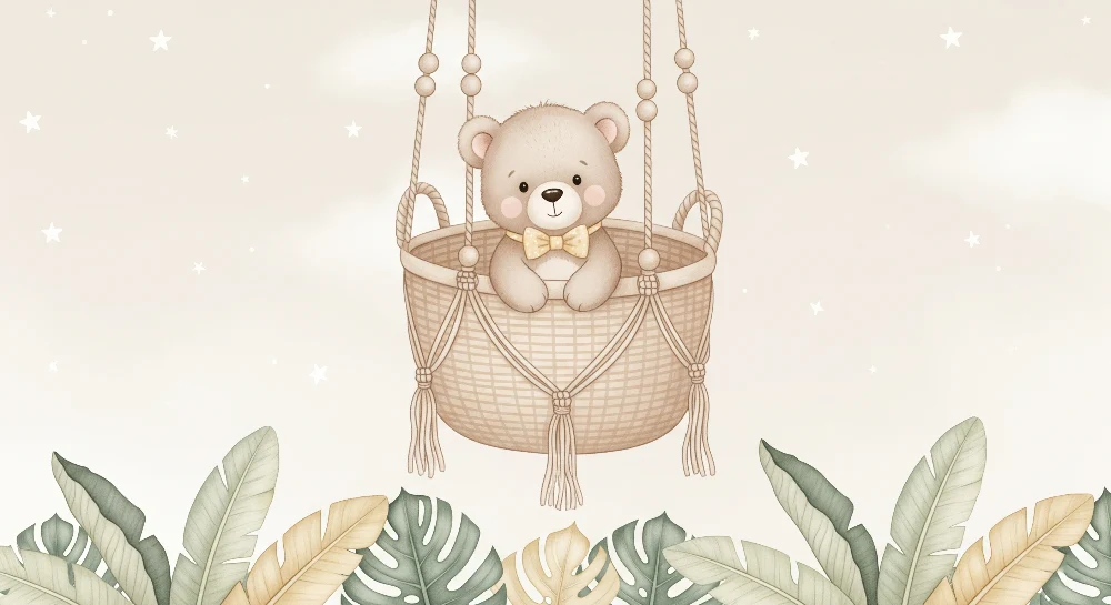 Nursery room wallpaper | Függő medve és puha lombozat