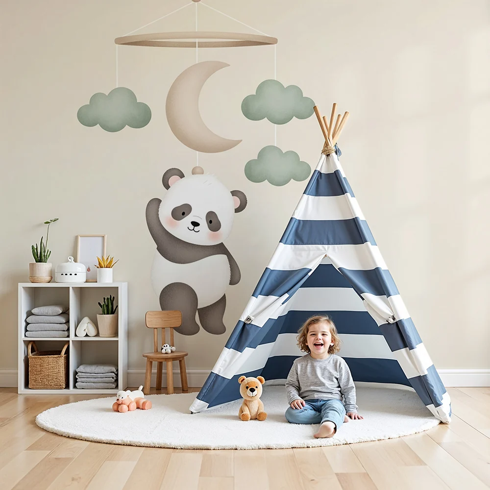 Nursery room wallpaper | Függő panda és puha felhők
