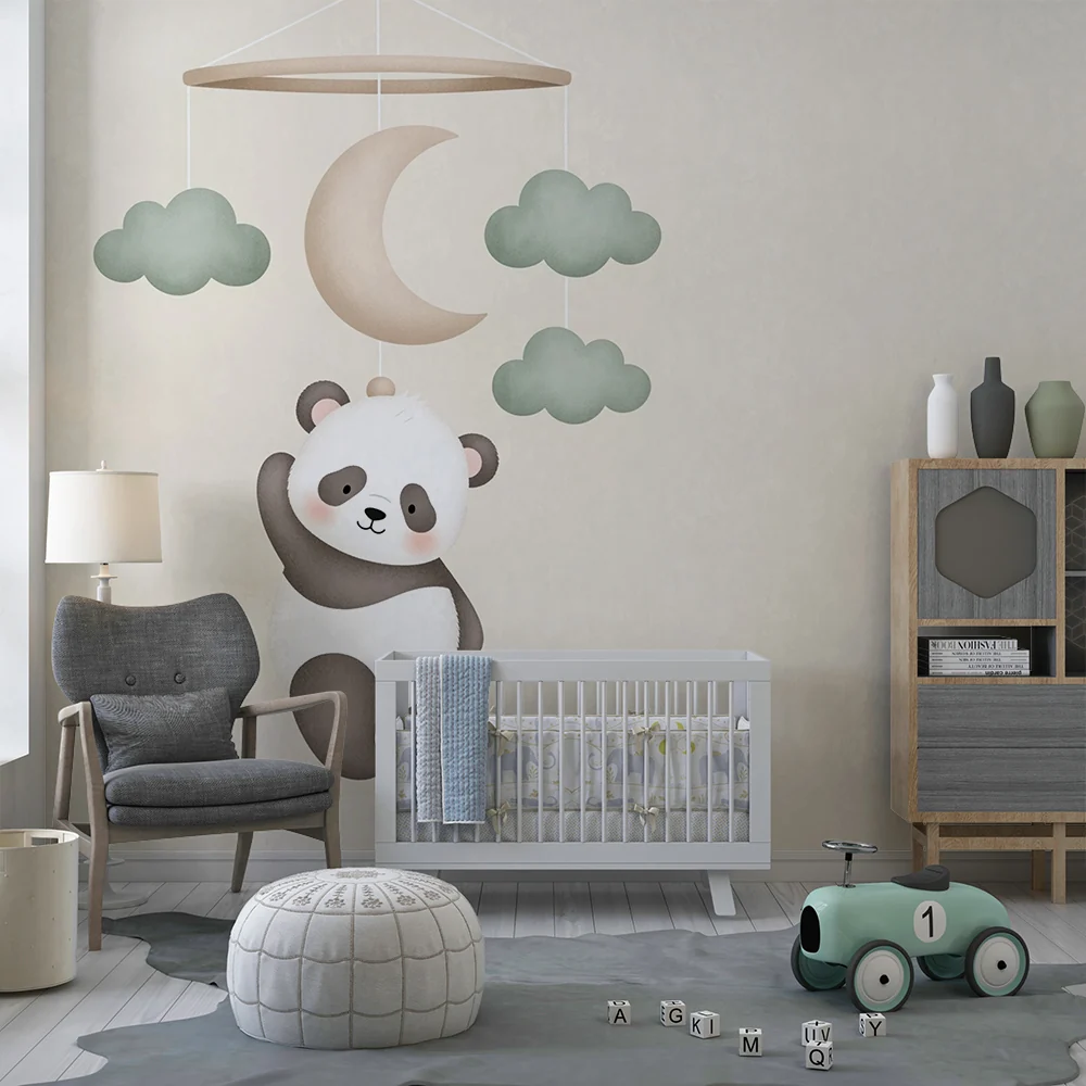 Nursery room wallpaper | Függő panda és puha felhők