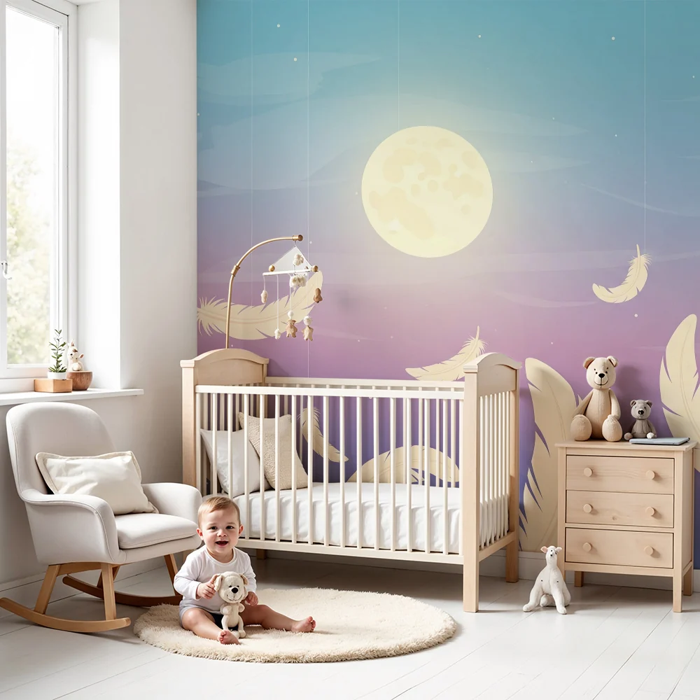 Nursery room wallpaper | Függő tollak hold alatt pasztell égboltban