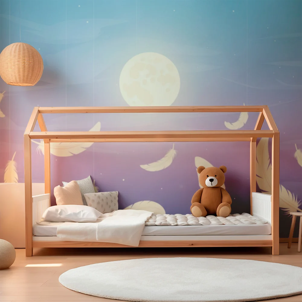 Nursery room wallpaper | Függő tollak hold alatt pasztell égboltban