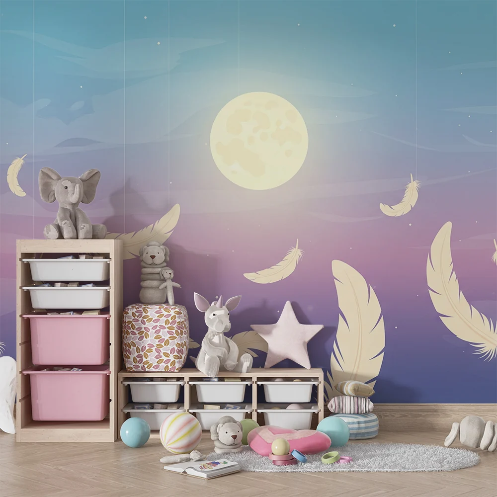 Nursery room wallpaper | Függő tollak hold alatt pasztell égboltban