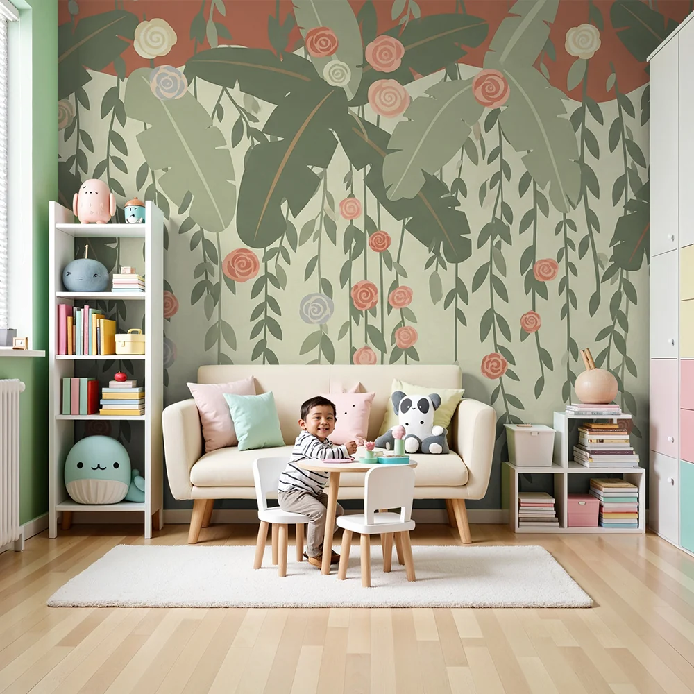 Nursery room wallpaper | Függő virágok és trópusi levelek
