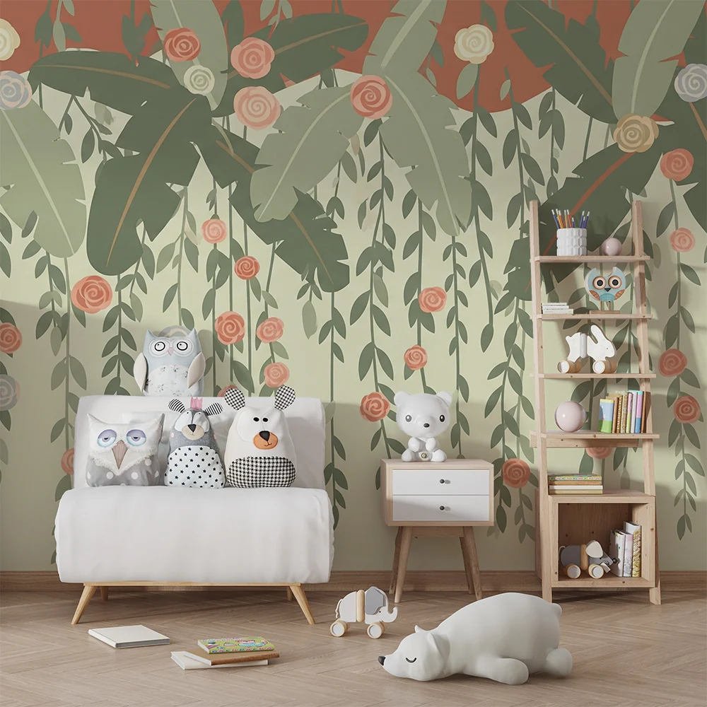 Nursery room wallpaper | Függő virágok és trópusi levelek
