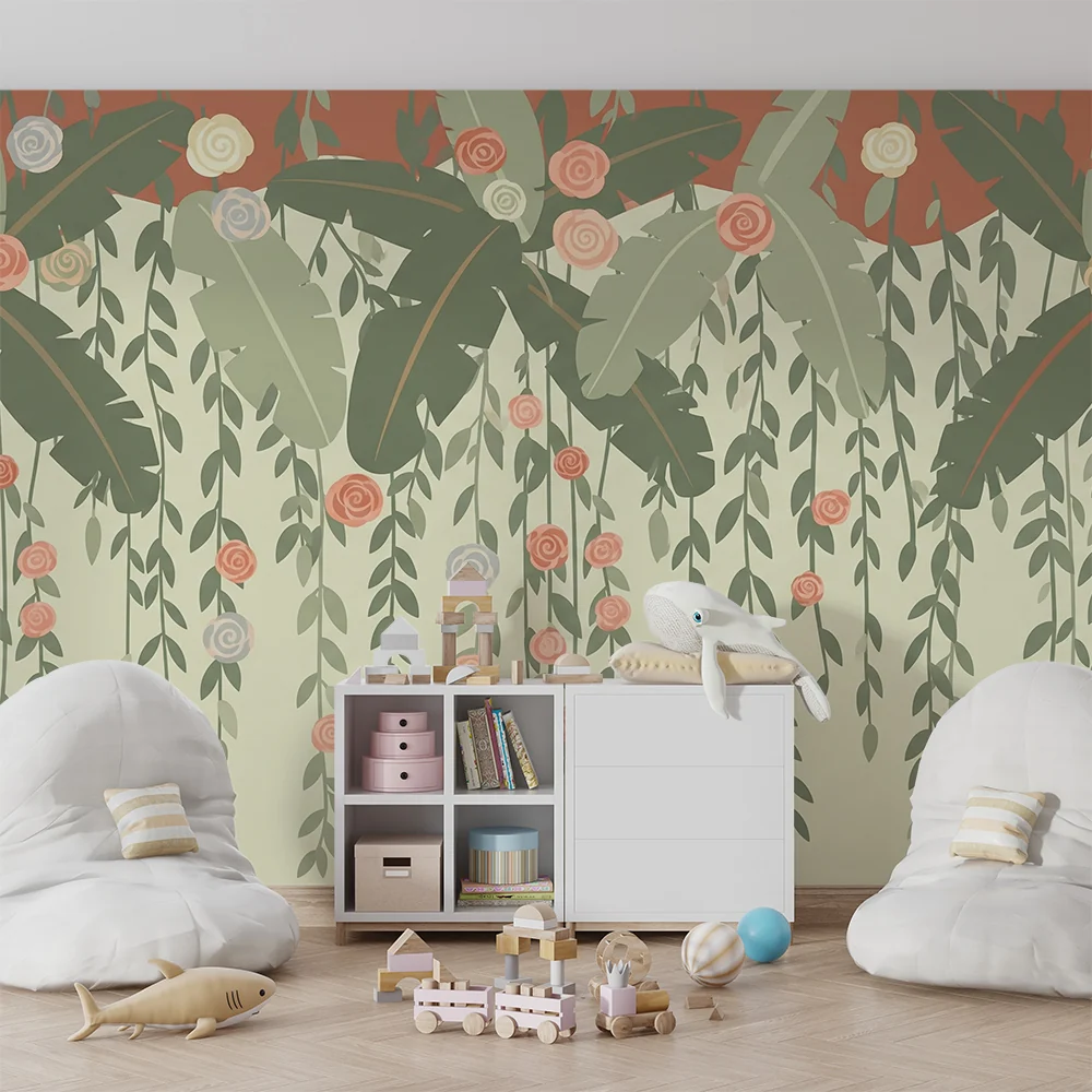 Nursery room wallpaper | Függő virágok és trópusi levelek