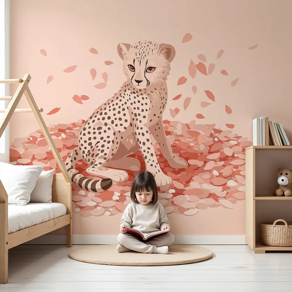 Nursery room wallpaper | Fiatal gepárd rózsaszirmokon fekszik