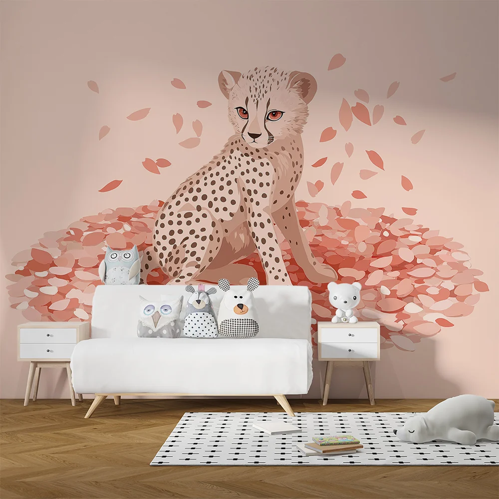 Nursery room wallpaper | Fiatal gepárd rózsaszirmokon fekszik