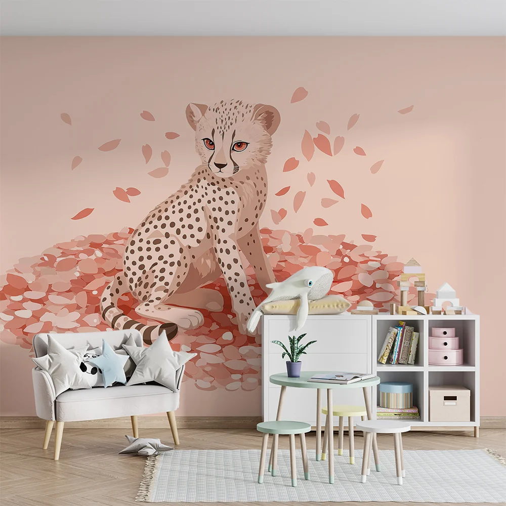 Nursery room wallpaper | Fiatal gepárd rózsaszirmokon fekszik