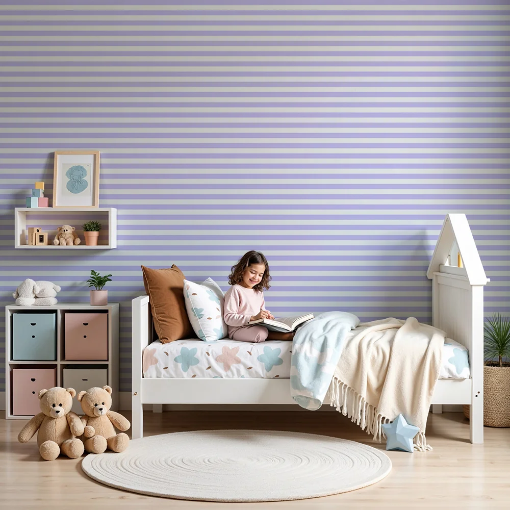 Nursery room wallpaper | Finom lila vízszintes csíkok