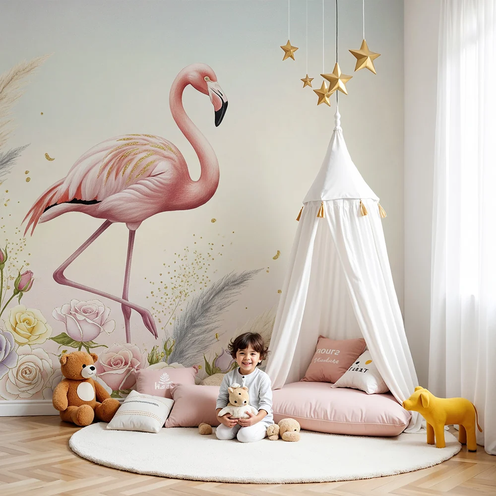 Nursery room wallpaper | Flamingo and delicate flowers pastel atmosphere