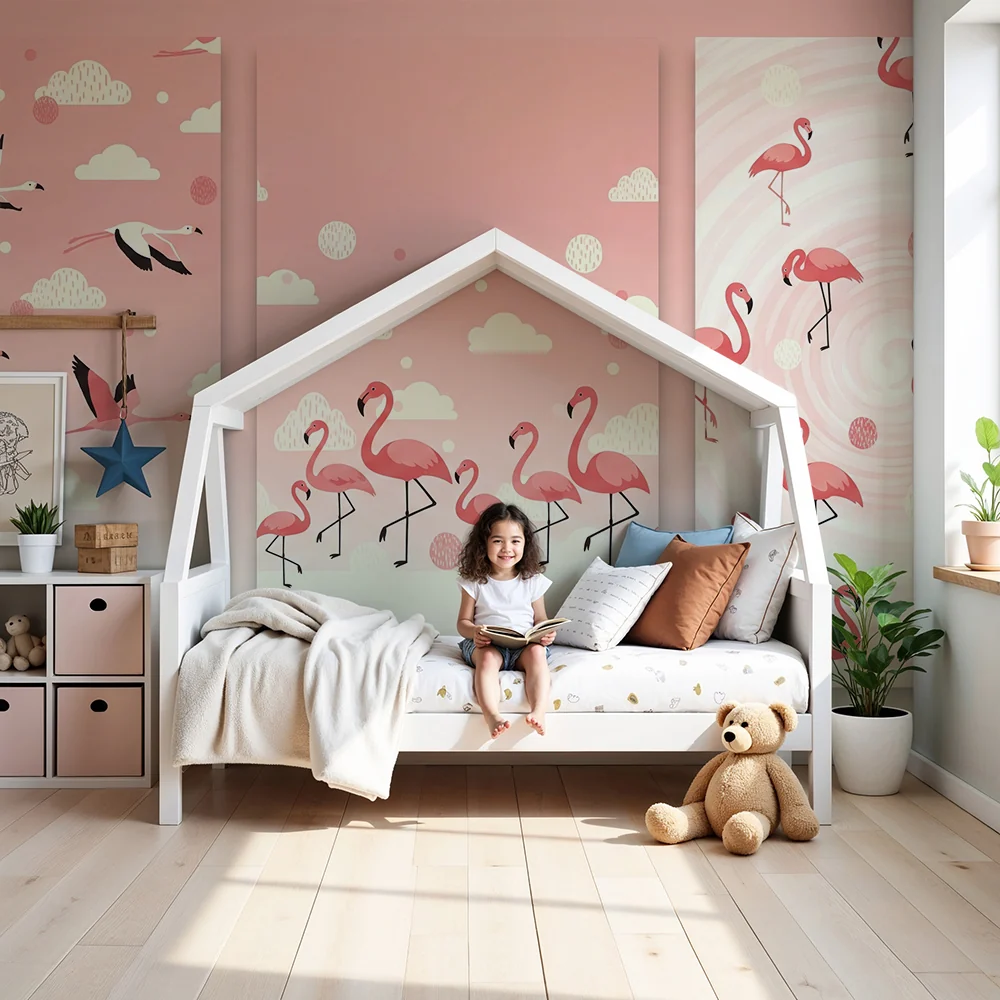 Nursery room wallpaper | Flamingos and soft clouds