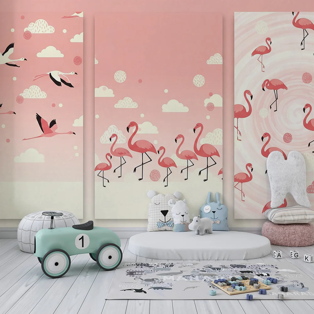 Nursery room wallpaper | Flamingos and soft clouds
