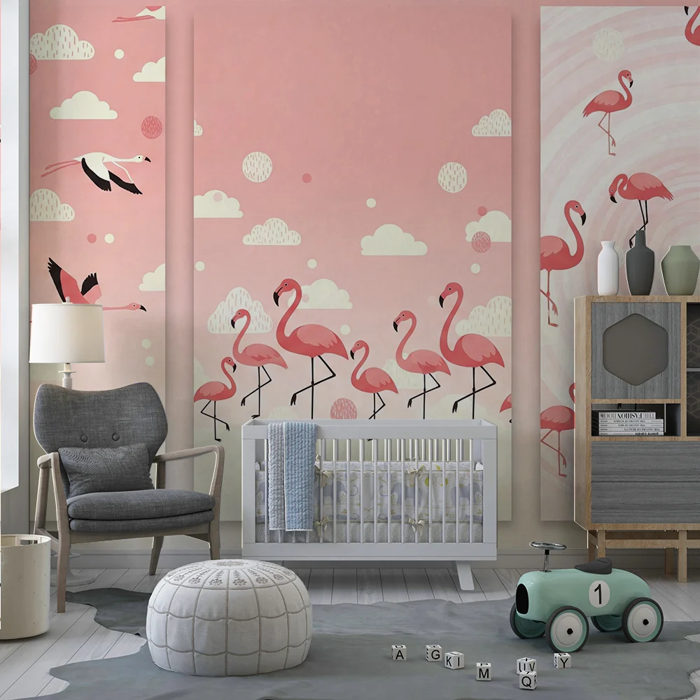 Nursery room wallpaper | Flamingos and soft clouds