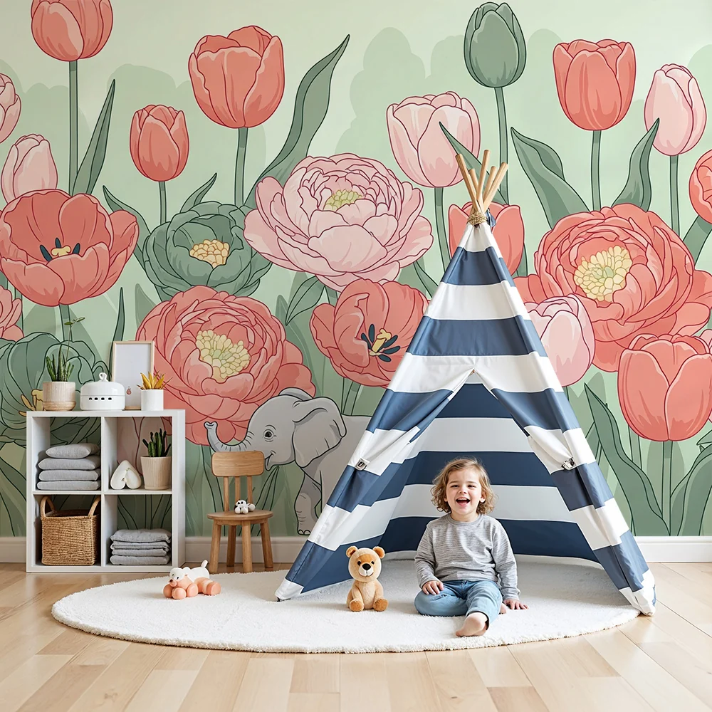 Nursery room wallpaper | Floral elegance and cute elephant
