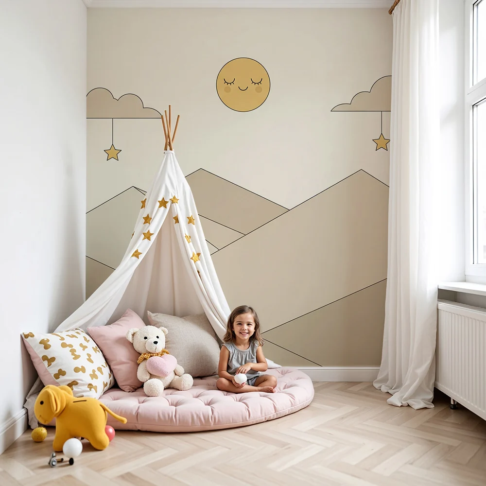 Nursery room wallpaper | Geometriai hegyek teljesen bézsben