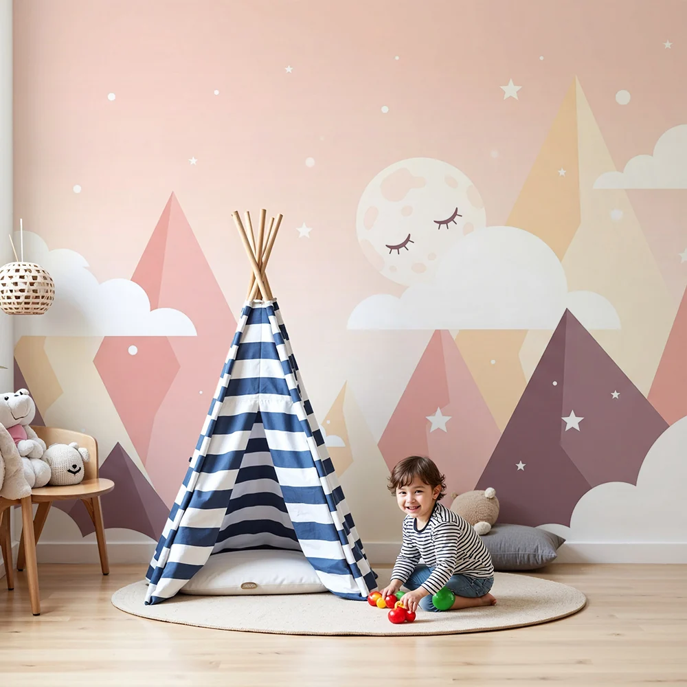 Nursery room wallpaper | Geometric mountains starry sky and pastel pink background