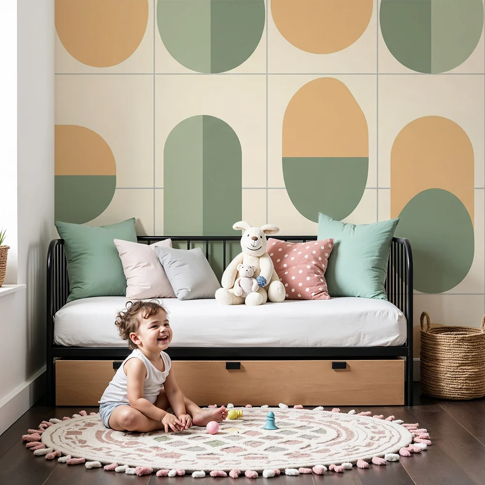 Nursery room wallpaper | Geometric patterns yellow and green pastel tones