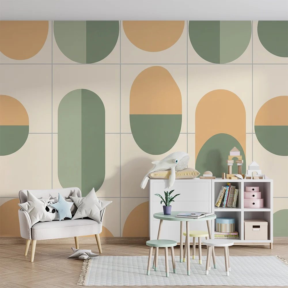 Nursery room wallpaper | Geometric patterns yellow and green pastel tones