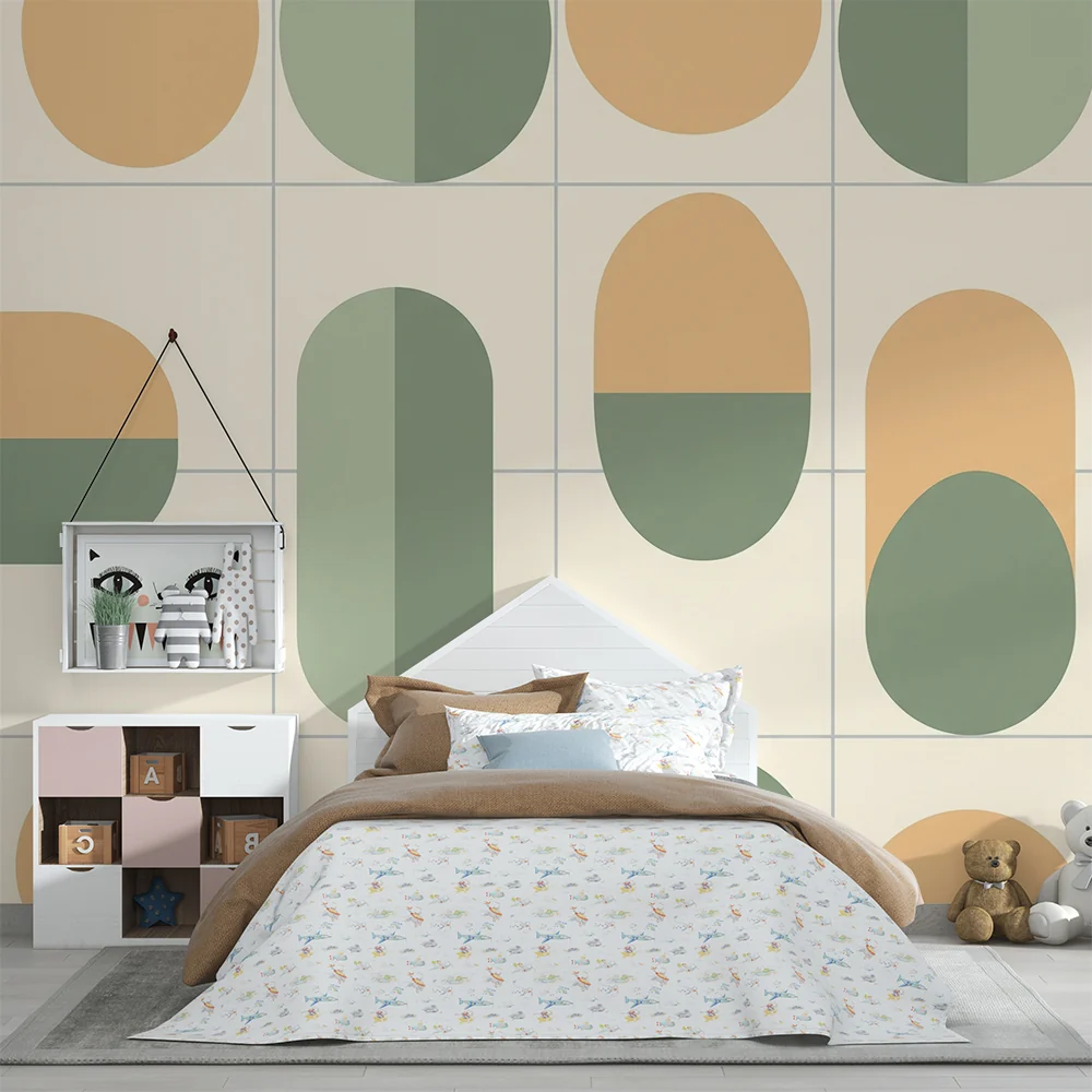 Nursery room wallpaper | Geometric patterns yellow and green pastel tones