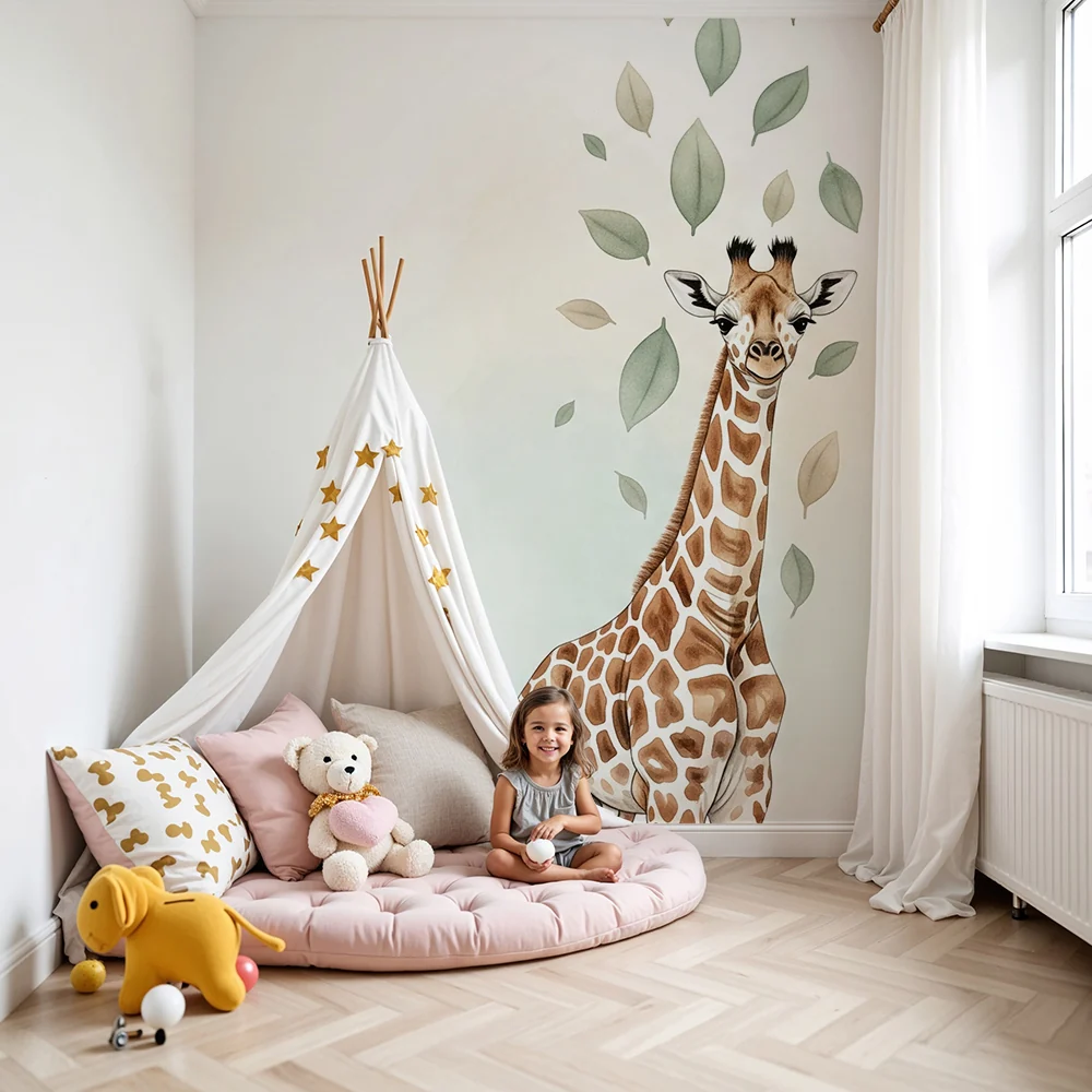 Nursery room wallpaper | Giraffe and delicate leaves