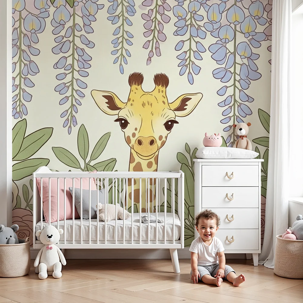 Nursery room wallpaper | Giraffe közepén virágok között
