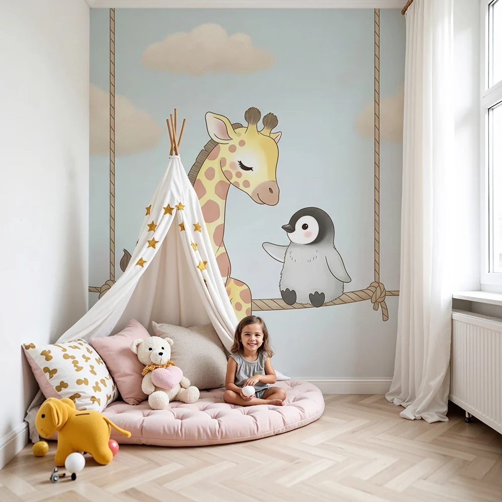 Nursery room wallpaper | Giraffe and penguin on swing