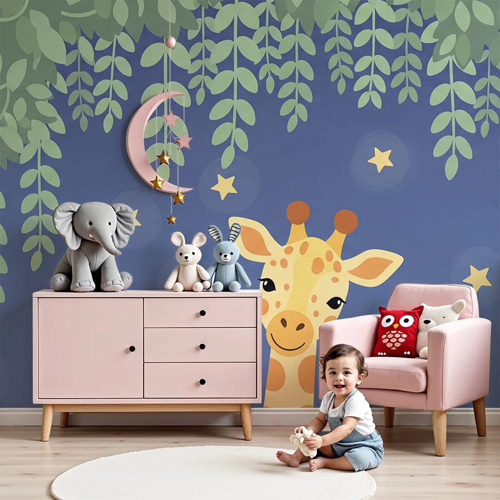 Nursery room wallpaper | Giraffe under beautiful starry sky