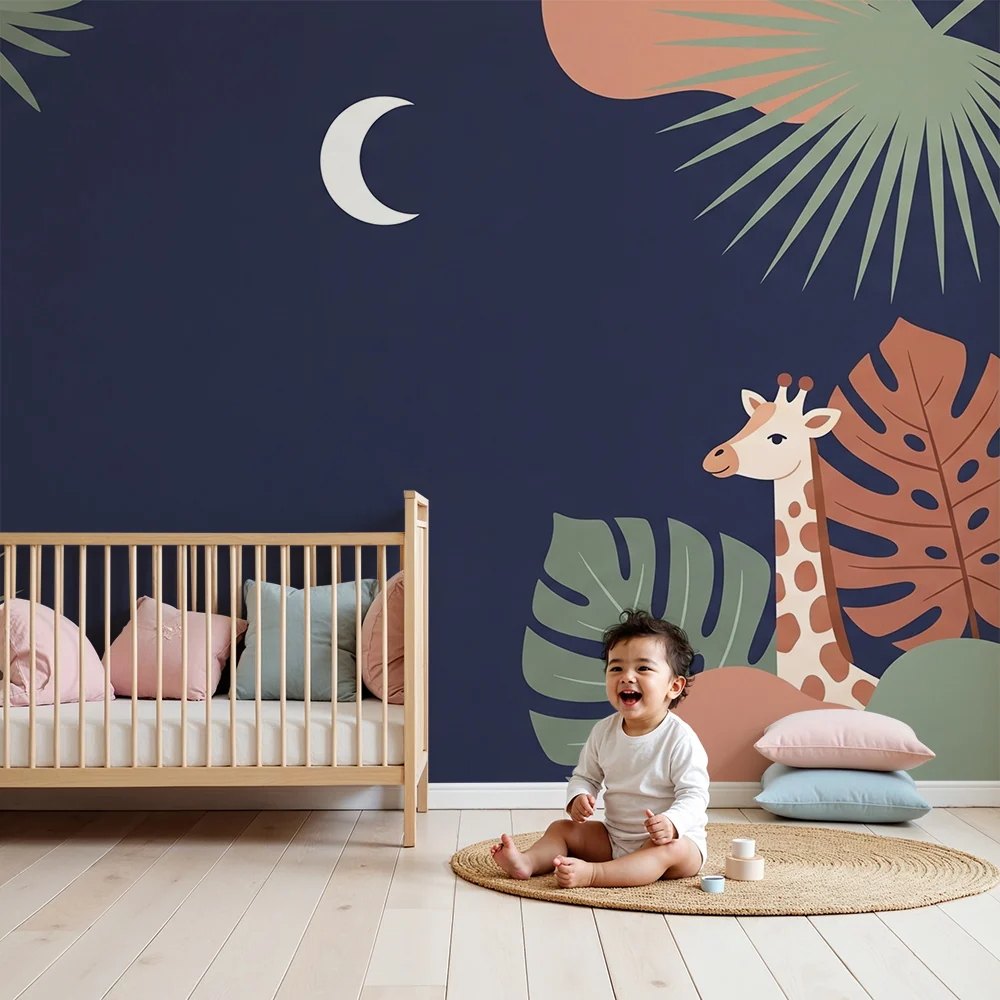 Nursery room wallpaper | Giraffe under moon and tropical foliage