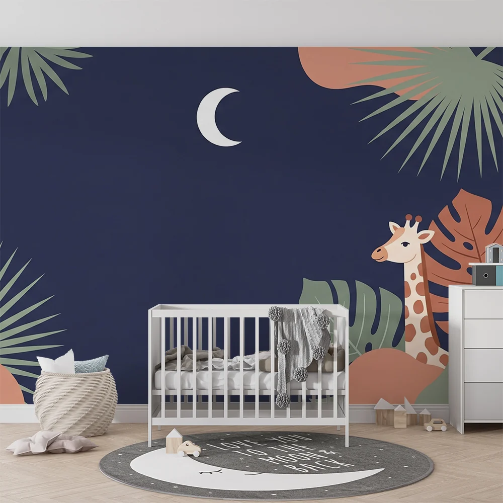 Nursery room wallpaper | Giraffe under moon and tropical foliage