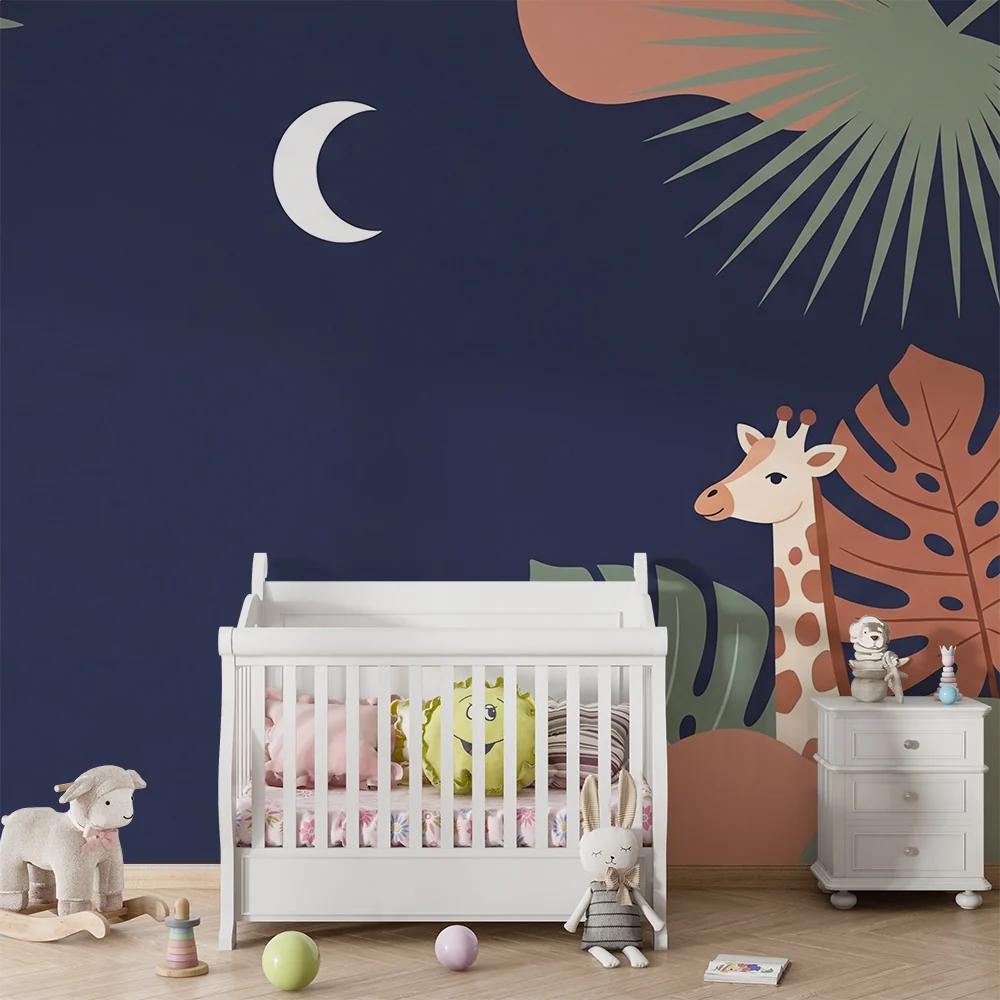 Nursery room wallpaper | Giraffe under moon and tropical foliage