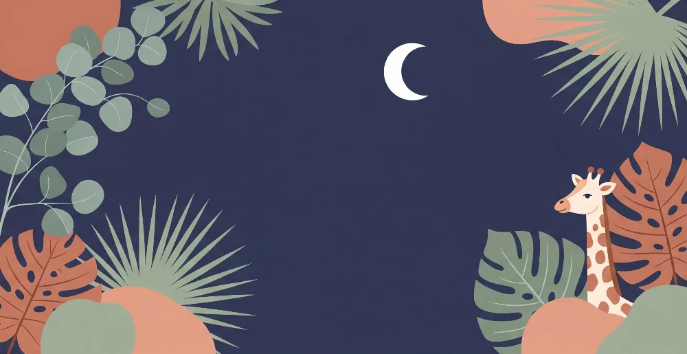 Nursery room wallpaper | Giraffe under moon and tropical foliage