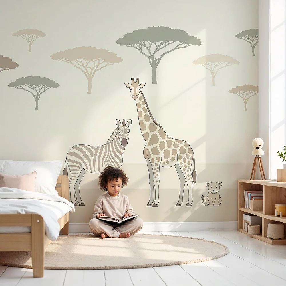 Nursery room wallpaper | Giraffe zebra és oroszláncsöke nyugtató tájban