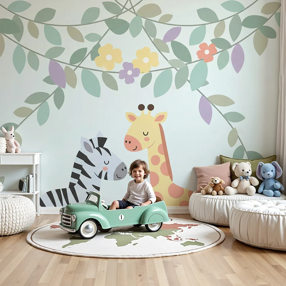 Nursery room wallpaper | Giraffe and zebra under delicate foliage
